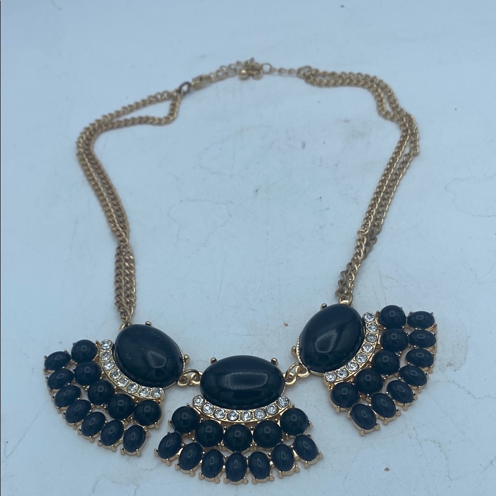 VTG black w/ rhinestone statement collar choker double goldtone chain necklace